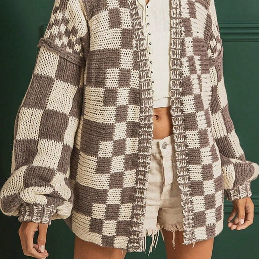 Brown Casual Women's Open Front Mixed Checkered Pattern Knit Cardigan - Picture 6 of 6